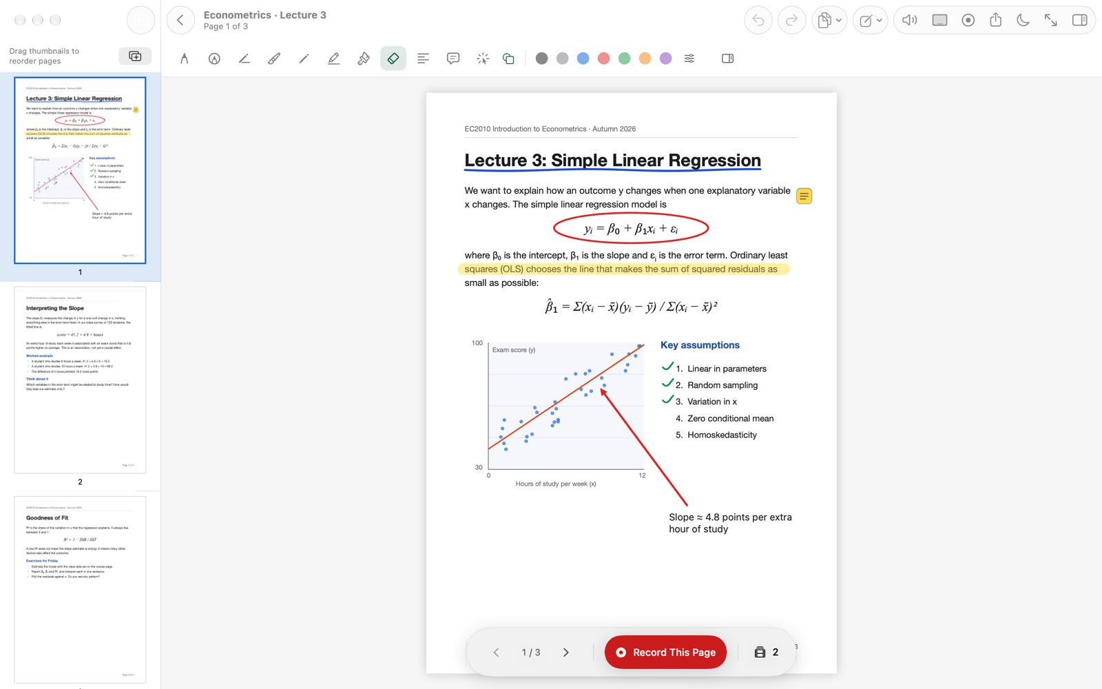 JS Ink Note on Mac showing an annotated regression lecture PDF, page thumbnails and recording controls
