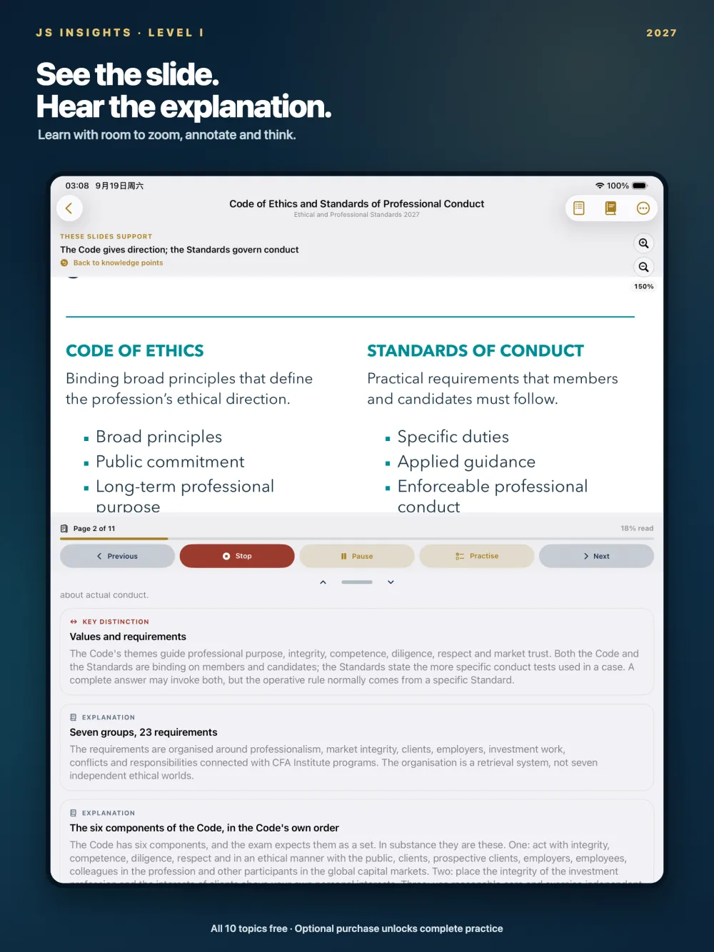 JS Insights Level I on iPad: an Ethics teaching slide with narration controls and explanation cards