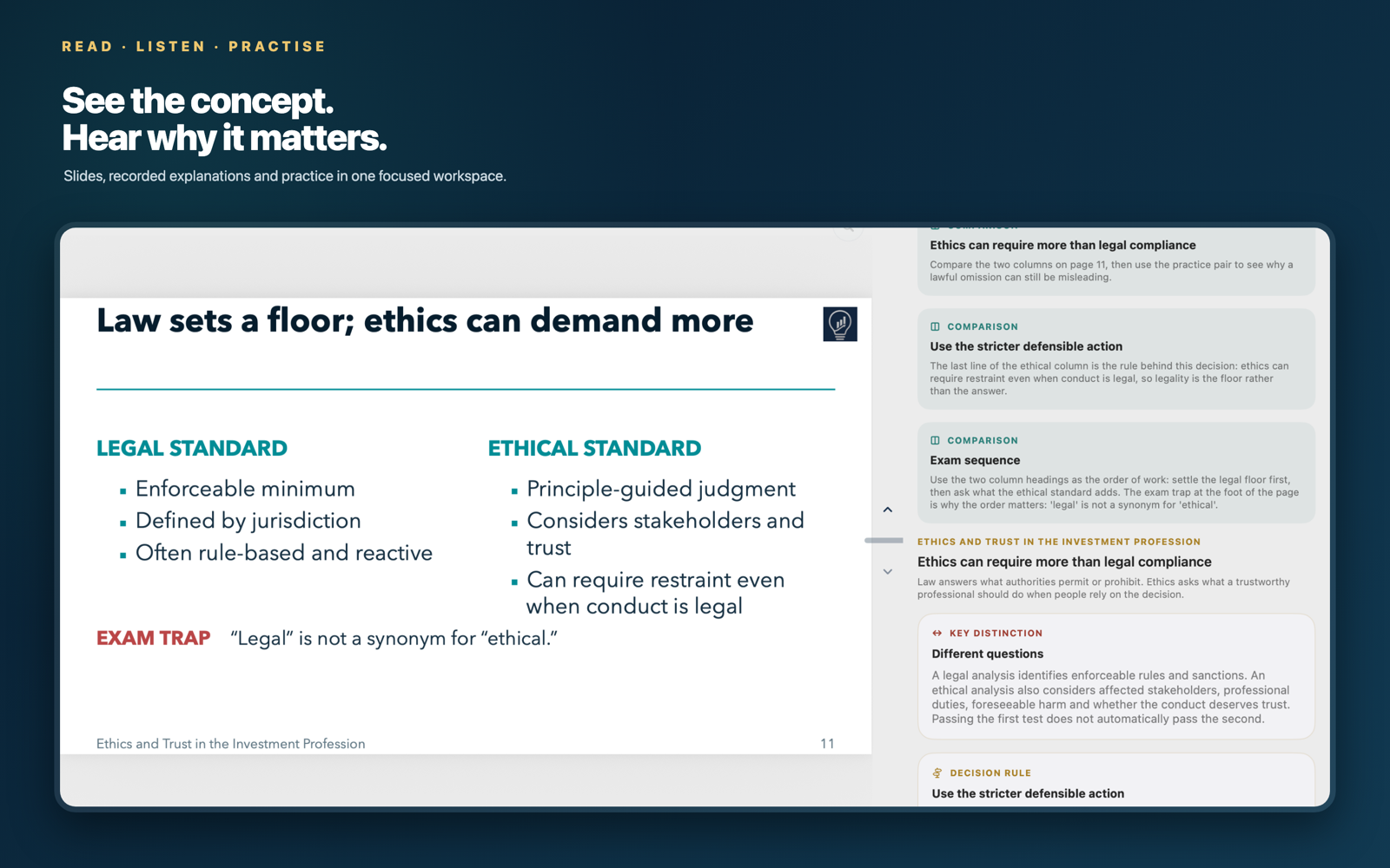 JS Insights for CFA Level I Mac study reader showing a teaching slide, explanation and note-taking area