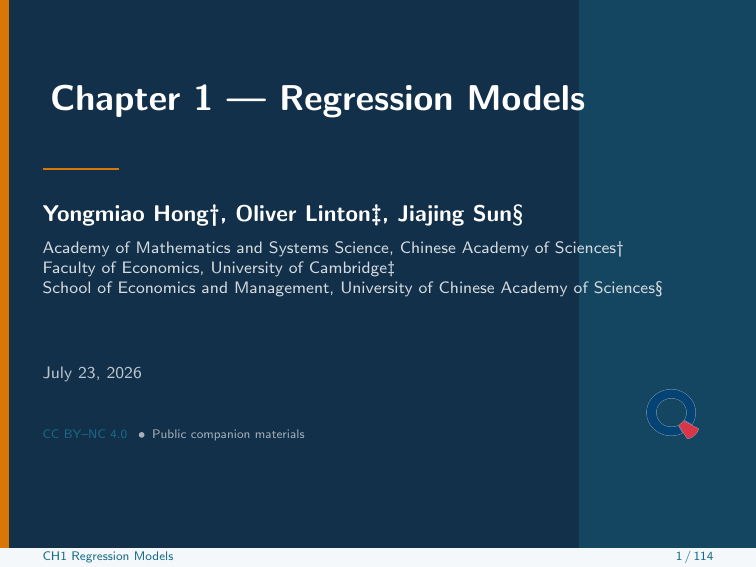 Lecture slide cover for Chapter 1, Regression Models, listing Yongmiao Hong, Oliver Linton and Jiajing Sun